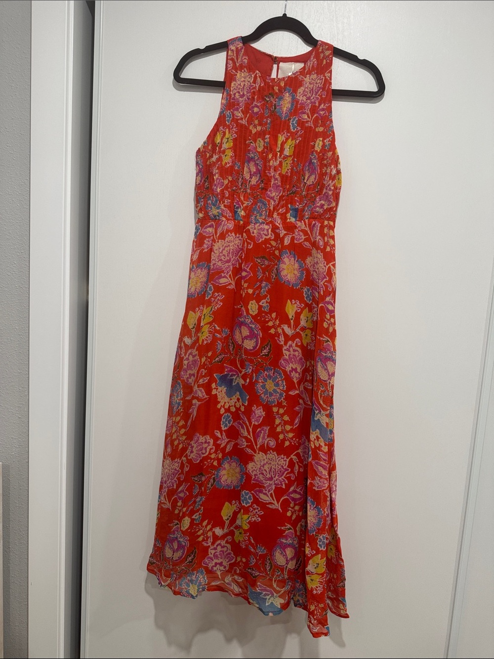 Bright Red Floral Maxi Dress with High Neckline